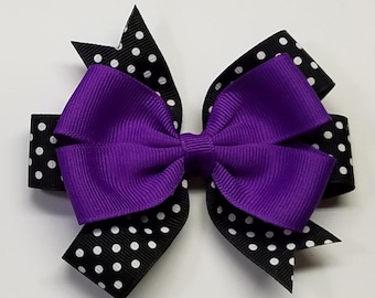 3.5" Purple Black Polka Dot Team Sport School Colors Hair Bow *You Choose Solid Bow Color*