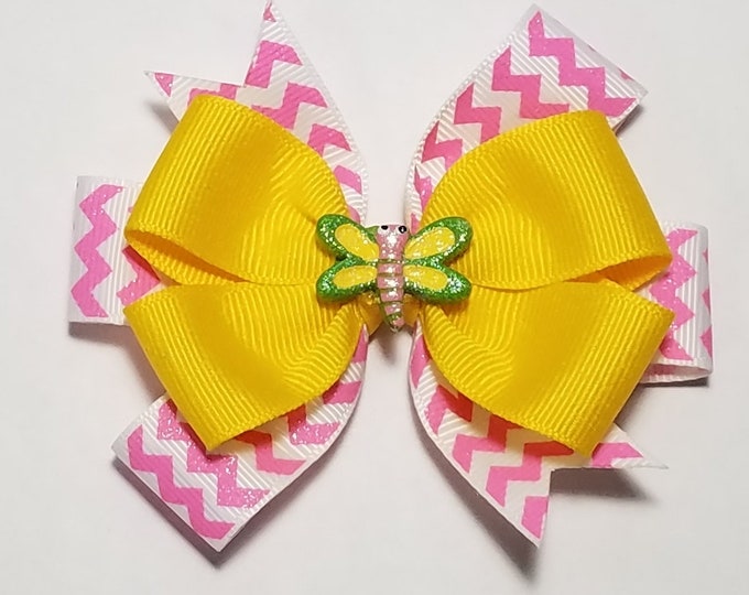 3.5" Dragonfly Pink Yellow Glitter Hair Bow *You Choose Solid Bow Color*