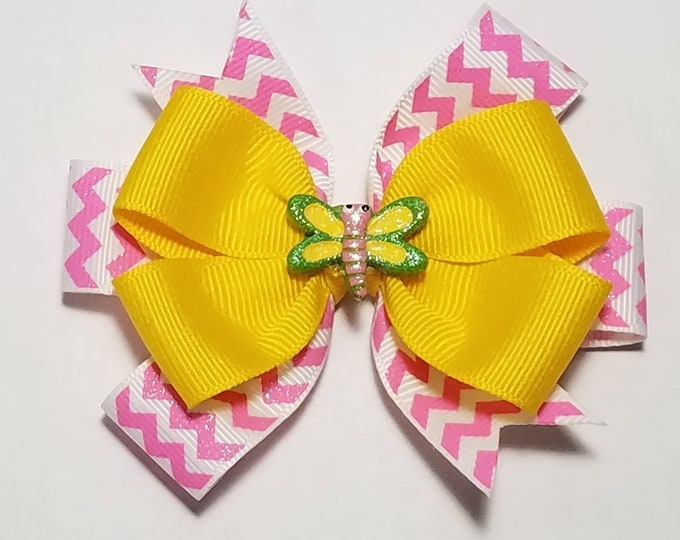 3.5" Dragonfly Pink Yellow Glitter Hair Bow *You Choose Solid Bow Color*