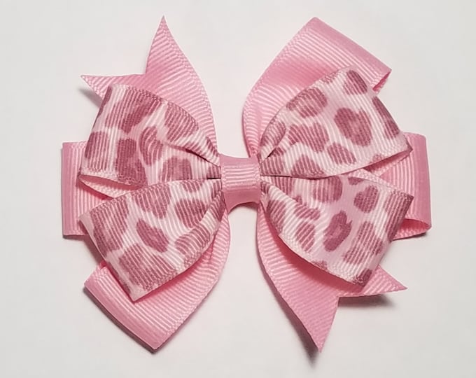 3.5" Pink Leopard Print Hair Bow *You Choose Solid Bow Color"