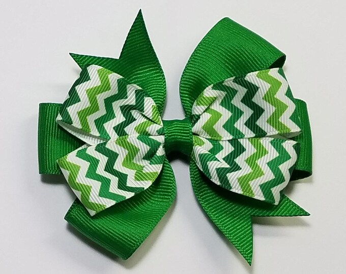 3.5" Green Chevron Stripe Hair Bow *You Choose Solid Bow Color*