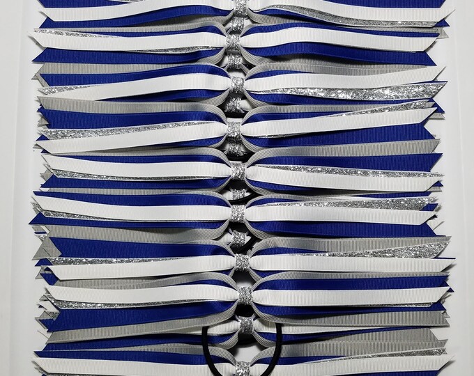 18 Piece Silver Dark Royal White Silver Glitter Ponytail Streamer Team Set Pre-Made Ready to Ship Short 5" Off Each Side (10" Total)