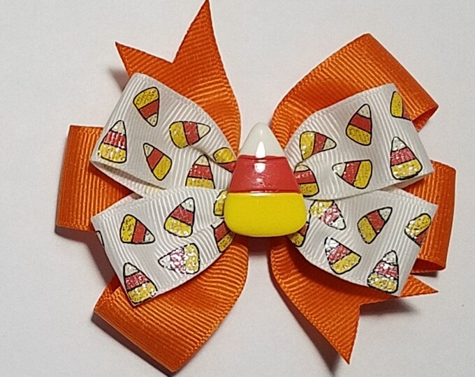 3.5" Candy Corn Glitter Hair Bow *You Choose Solid Bow Color*