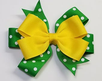3.5" Yellow Green Polka Dot Team Sport School Colors Hair Bow *You Choose Solid Bow Color*