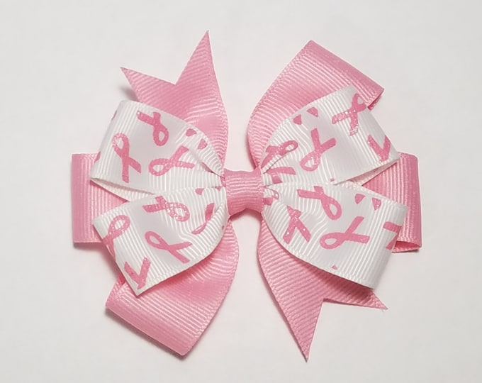 3.5" Pink Glitter Awareness Ribbon Breast Cancer Hair Bow *You Choose  Solid Bow Color*