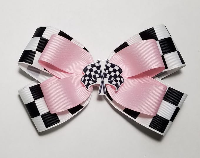 5" Checkered Flag Hair Bow *You Choose Solid Bow Color*