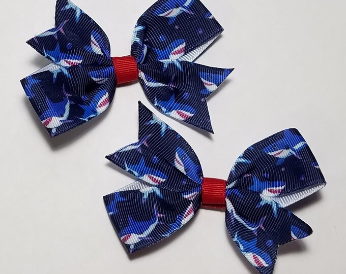 3" Sharks Pigtail Two Loop Style Hair Bow Set on Alligator Clip