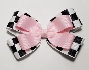 Lazo para el cabello con bandera a cuadros de 5" (puedes elegir el color del lazo)