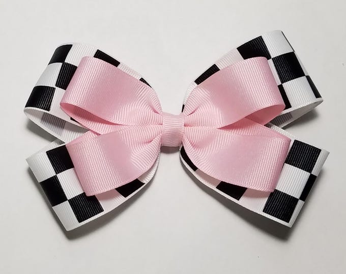 5" Checkered Flag Hair Bow *You Choose Solid Bow Color*