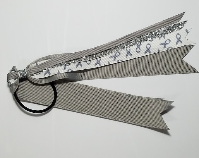 Gray Awareness Ribbon Ponytail Streamer *You Choose Solid Ribbon Color- Glitter Color & Length*