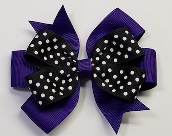 3.5" Purple Black Polka Dot Team Sport School Colors Hair Bow *You Choose Solid Bow Color*