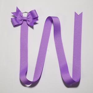 May include: A purple ribbon hair bow with a silver ring attached to the center. The ribbon is long and can be used as a hair tie or a hair bow holder.