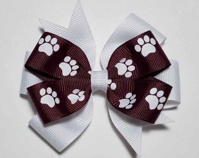 3.5" Maroon White Paw Print Hair Bow *You Choose Solid Bow Color*