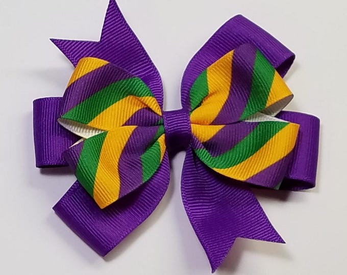 3.5" Mardi Gras Stripe Hair Bow *You Choose Solid Bow Color*