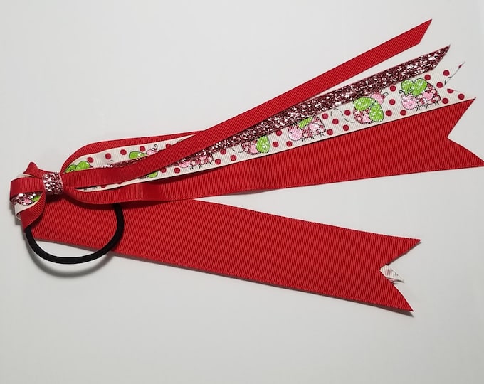 Pink Ladybug Lovebug Ponytail Streamer *You Choose Solid Ribbon Color- Glitter Color & Length*