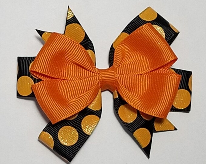 3.5" Black Orange Glitter Polka Dot Hair Bow *You Choose Solid Bow Color*