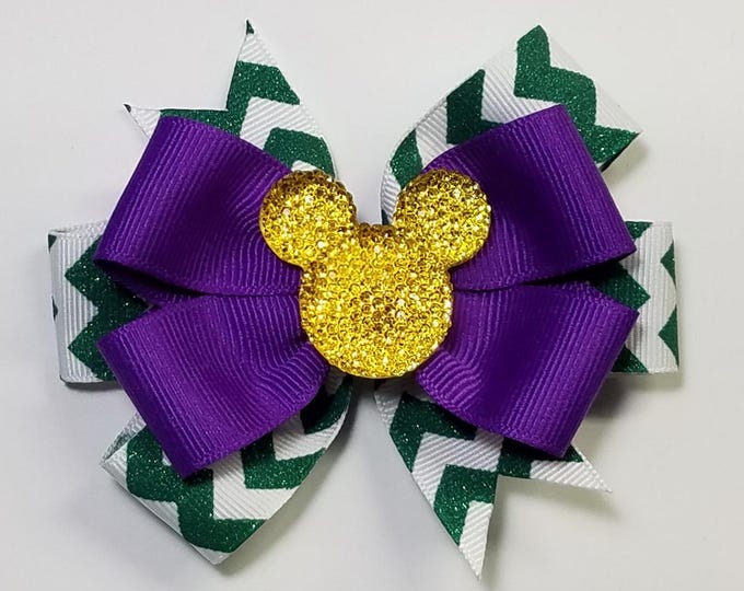 3.5" Mardi Gras Glitter Hair Bow *You Choose Solid Bow Color*
