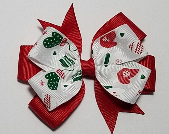 3.5" Christmas Mittens Hair Bow *You Choose Solid Bow Color*