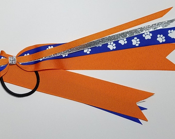 Royal Blue Paw Print Ponytail Streamer *You Choose Solid Ribbon Color- Glitter Color & Length*