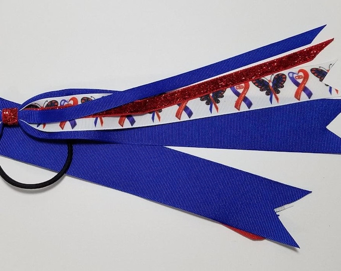 CHD Red Blue Awareness Ribbon Ponytail Streamer *You Choose Solid Ribbon Color- Glitter Color & Length*