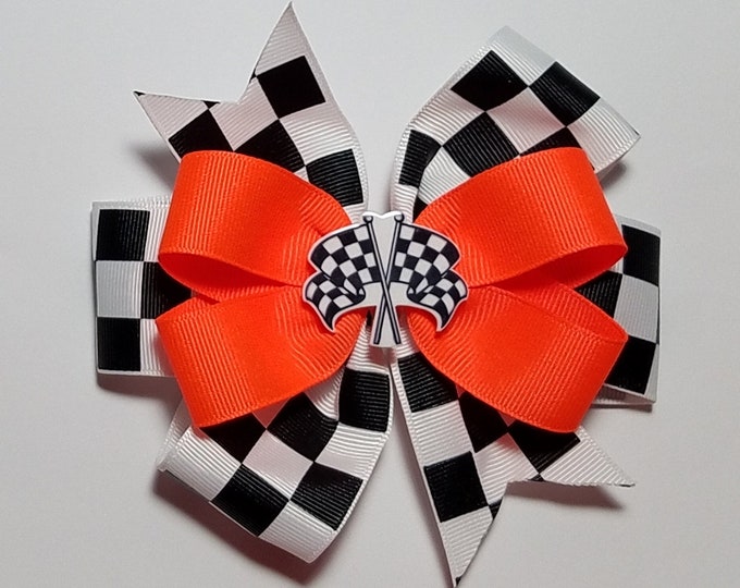 5" Checkered Flag Racing Hair Bow *You Choose Solid Bow Color*