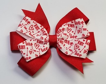 3.5" Kiss Heart Love Hair Bow *You Choose Solid Bow Color*