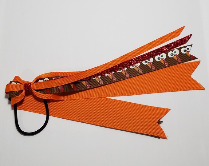 Turkey Thanksgiving Ponytail Streamer *You Choose Solid Ribbon Color- Glitter Color & Length*