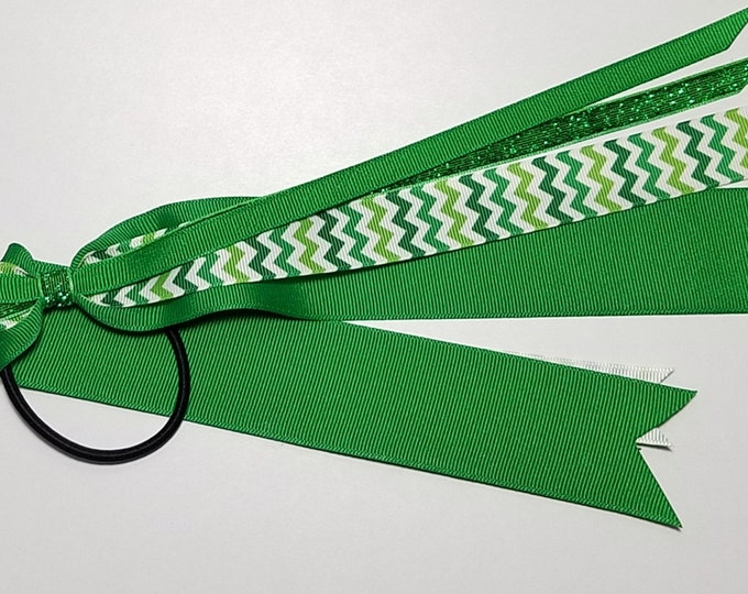 Green Chevron Stripe Ponytail Streamer *You Choose Solid Color- Glitter Color & Length*