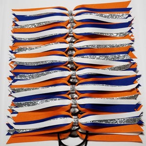 17 Piece Orange Dark Royal White Silver Glitter Ponytail Streamer Team Set Pre-Made Ready to Ship Short 5" Off Each Side (10" Total)