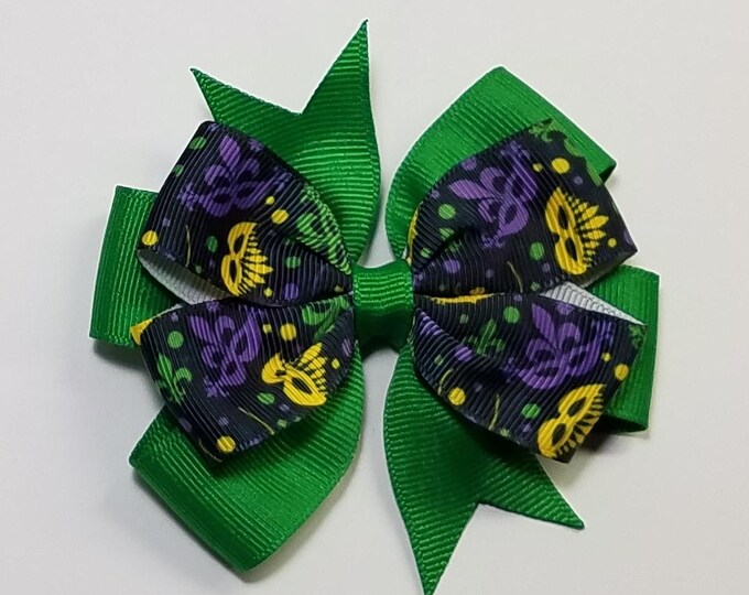 3.5" Mardi Gras Hair Bow *You Choose Solid Bow Color*