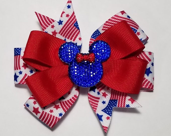 3.5" Patriotic Stars Hair Bow *You Choose Solid Bow Color*