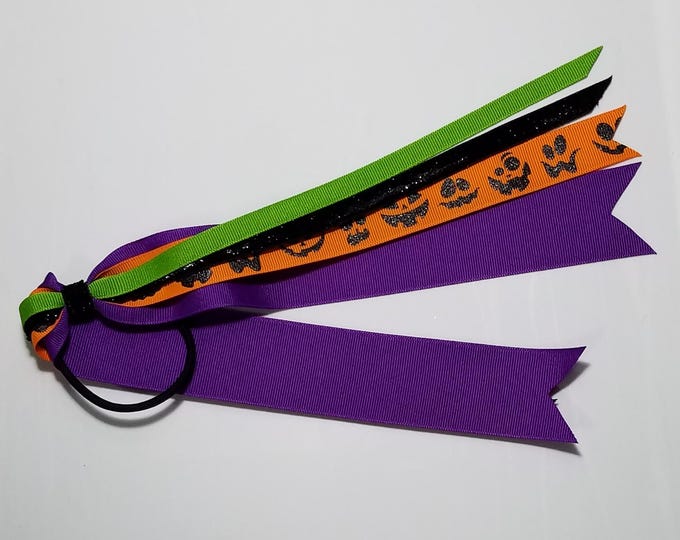 Halloween Pumpkin Jack O Lantern Ponytail Streamer *You Choose Solid Ribbon Color- Glitter Color & Length*