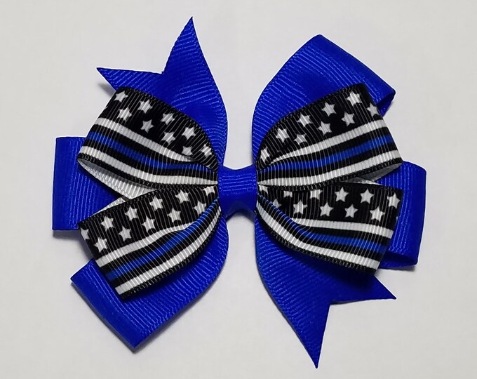 3.5" Blue Police Line Hair Bow *You Choose Solid Bow Color*