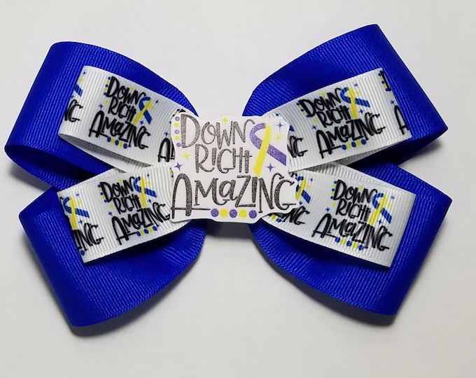 5" Down Syndrome Yellow Royal Blue Awareness Ribbon Hair Bow *You Choose Solid Bow Color*