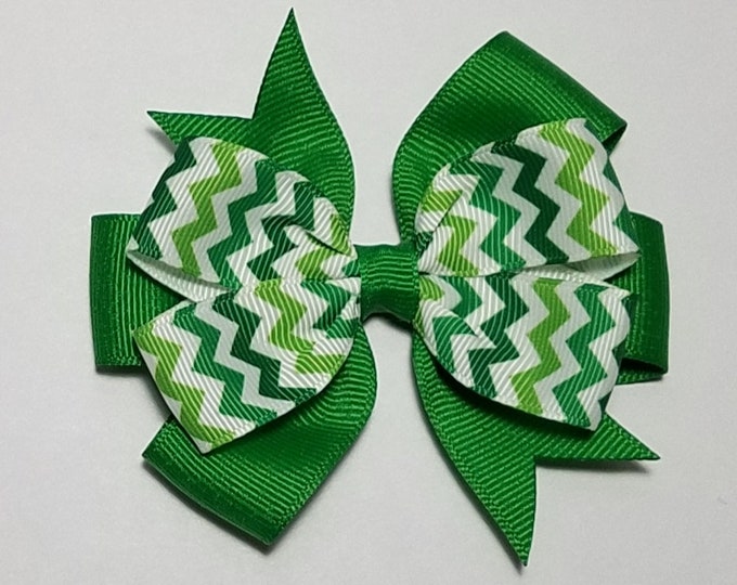 3.5" Green Chevron Stripe Hair Bow *You Choose Solid Bow Color*