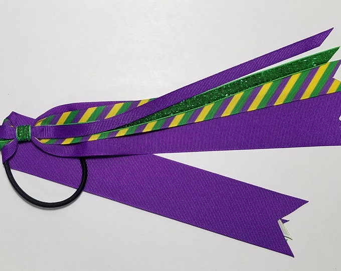 Mardi Gras Stripe Ponytail Streamer *You Choose Solid Ribbon Color- Glitter Ribbon Color & Length*
