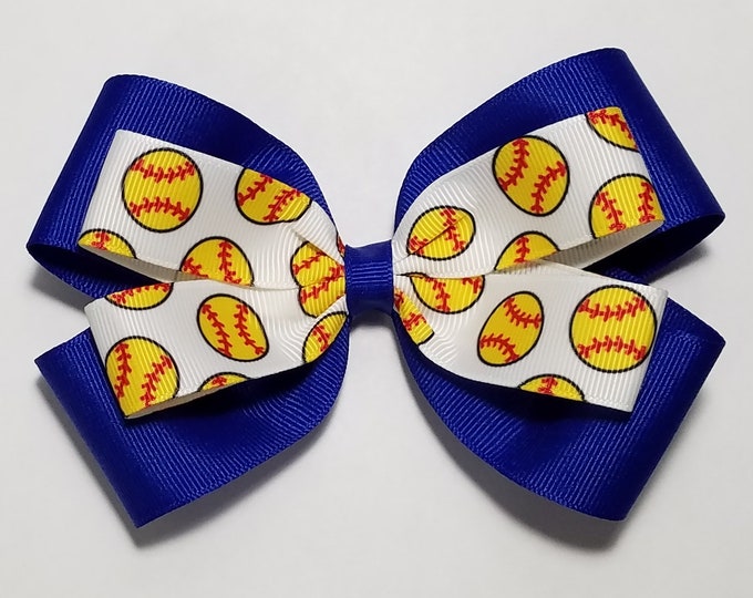 5" Softball Print Hair Bow *You Choose Solid Bow Color*