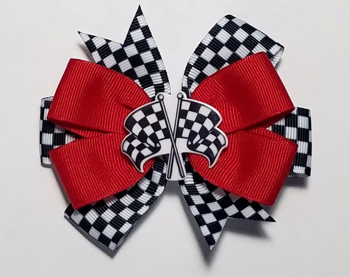 3.5" Racing Checkered Flag Hair Bow *You Choose Solid Bow Color*