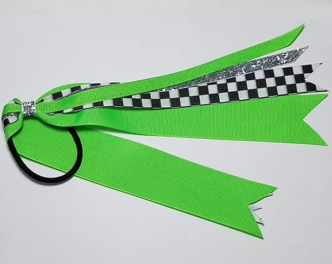 Checkered Flag Racing Ponytail Streamer *You Choose Solid Ribbon Color- Glitter Color & Length*