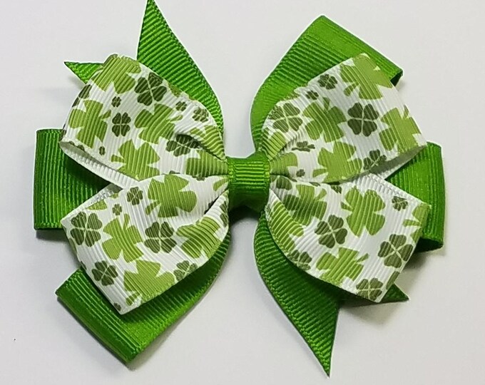 3.5" Shamrock Clover Hair Bow *You Choose Solid Bow Color*