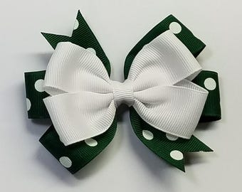 Lazo para el cabello de 3.5" con lunares verdes y blancos, colores de equipo deportivo escolar *Puedes elegir el color del lazo*