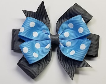 Lazo para el cabello de 3.5" azul gris con lunares, colores deportivos y escolares *Puedes elegir el color del lazo*