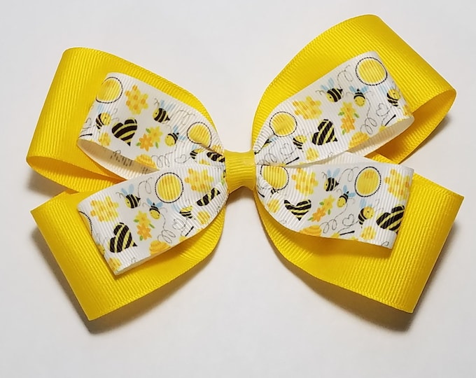5" Bee Print Hair Bow *You Choose Solid Bow Color*