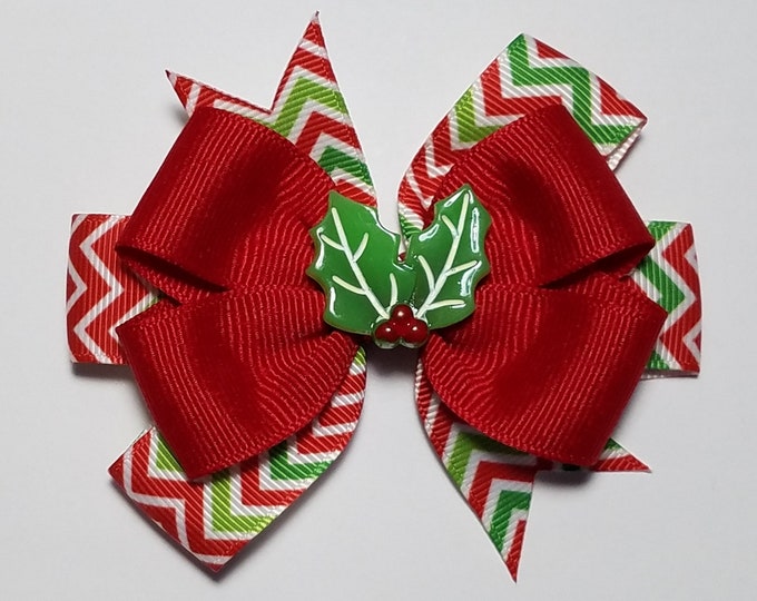 3.5" Holly Leaf Hair Bow *You Choose Solid Bow Color*