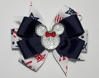 3.5" Patriotic Stars Hair Bow *You Choose Solid Bow Color*