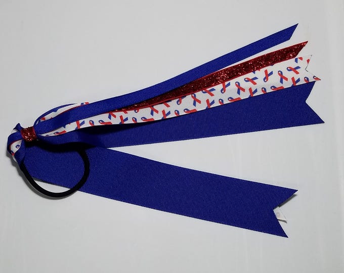 CHD Red Blue Awareness Ribbon Ponytail Streamer *You Choose Solid Ribbon Color- Glitter Color & Length*