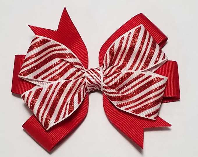 3.5" Candy Cane Stripe Glitter Hair Bow *You Choose Solid Bow Color*