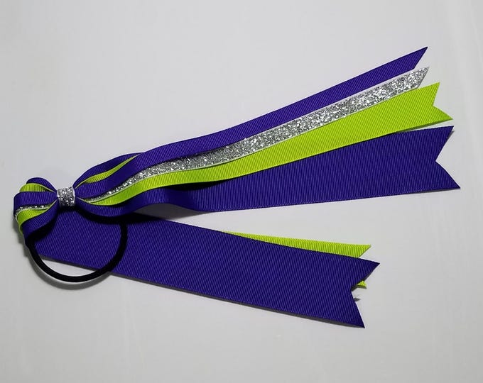 Grape Purple, Chartreuse, Silver Glitter Ponytail Streamer- 9" (18" total) *CLEARANCE*