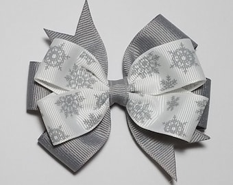 3.5" Silver Snowflake Hair Bow *You Choose Solid Bow Color*