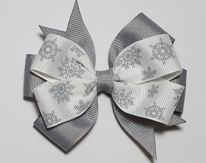 3.5" Silver Snowflake Hair Bow *You Choose Solid Bow Color*